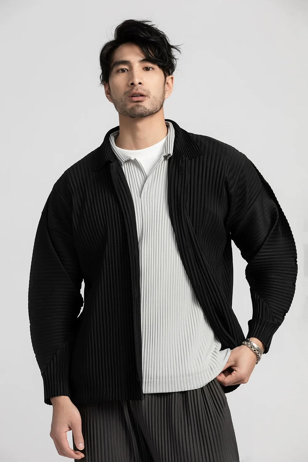 Miyake Pleated Shirt Lapel Shirt Black Long Sleeve T Shirt For Men Casual Coat Japanese Streetwear Men Cardigan Button Up Shirt