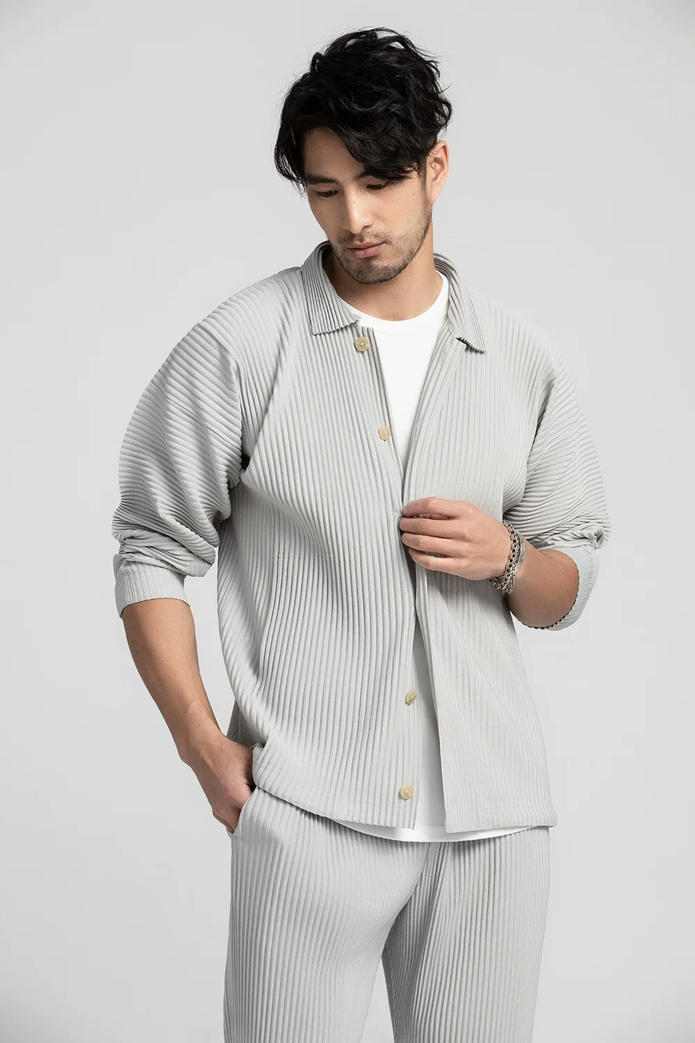 Miyake Pleated Shirt Lapel Shirt Black Long Sleeve T Shirt For Men Casual Coat Japanese Streetwear Men Cardigan Button Up Shirt