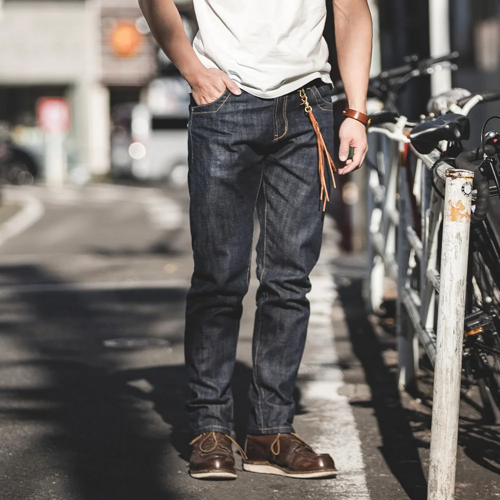 Maden Men's 14oz Raw Selvedge Denim Jeans Vintage Straight Fit Horsehide Leather Patch Paris Buckle Jeans for Autumn and Winter