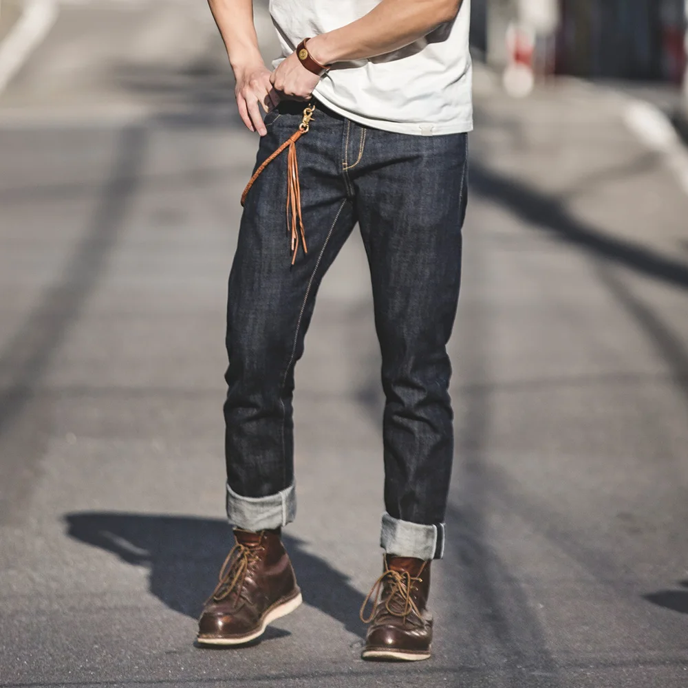Maden Men's 14oz Raw Selvedge Denim Jeans Vintage Straight Fit Horsehide Leather Patch Paris Buckle Jeans for Autumn and Winter