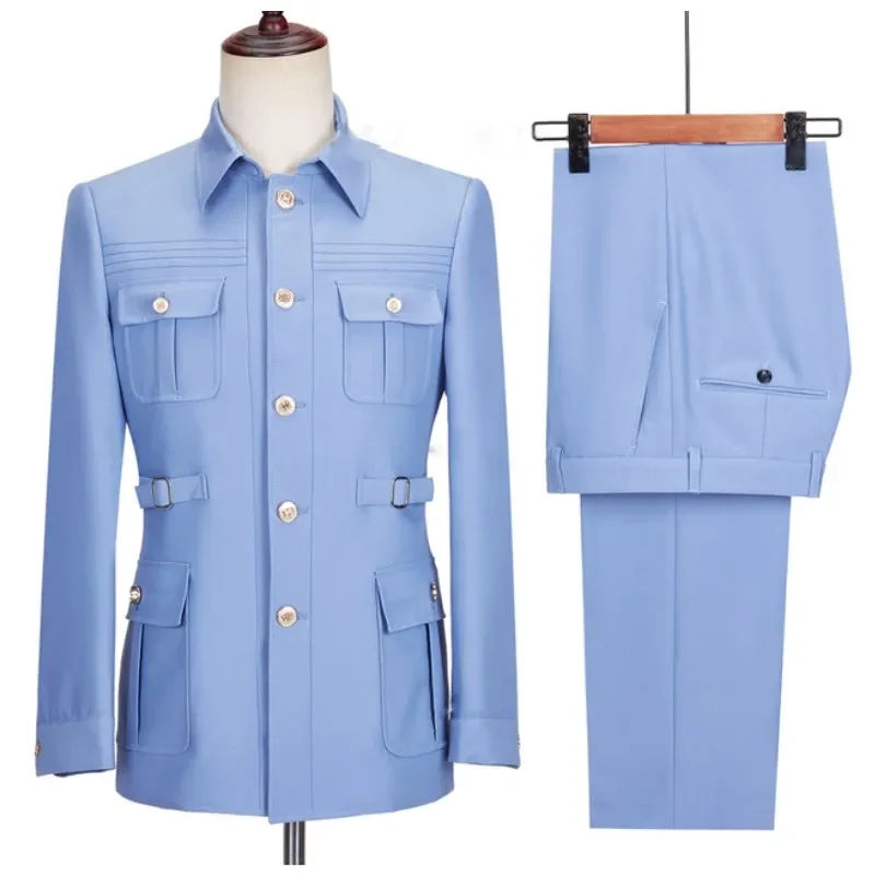 New Fashion  Men's Suits High Quality Stand Collar Single Breasted Suit Male Casual Daily Wedding Two Piece Blazer Pants Set
