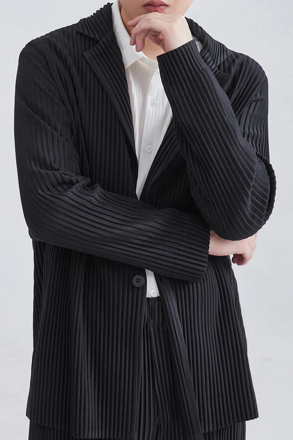 Miyake Pleated Men Blazer Black Slim Fit Stretch Suit Coat Casual Japanese Style Business Daily Wear