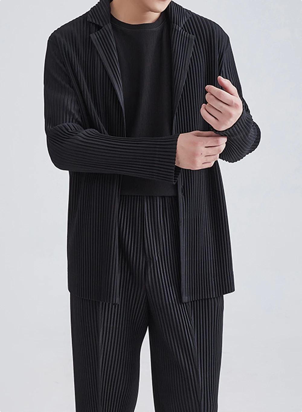 Miyake Pleated Men Blazer Black Slim Fit Stretch Suit Coat Casual Japanese Style Business Daily Wear