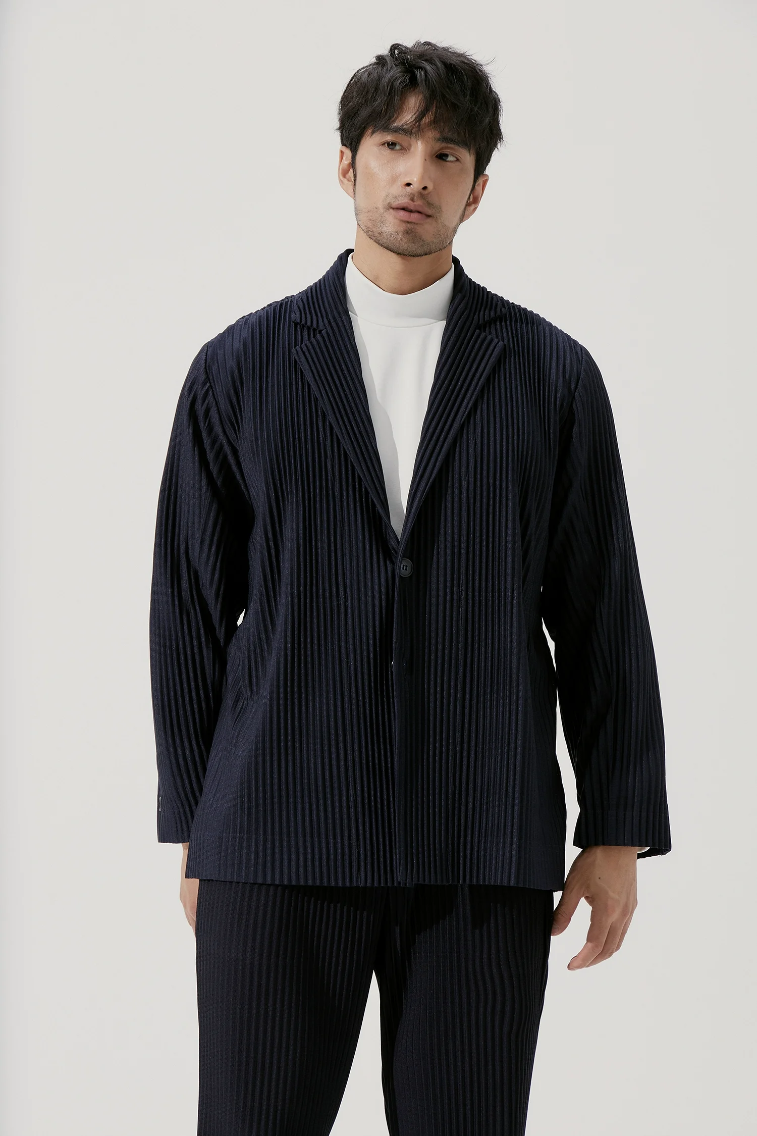 Miyake Pleated Men Blazer Black Slim Fit Stretch Suit Coat Casual Japanese Style Business Daily Wear