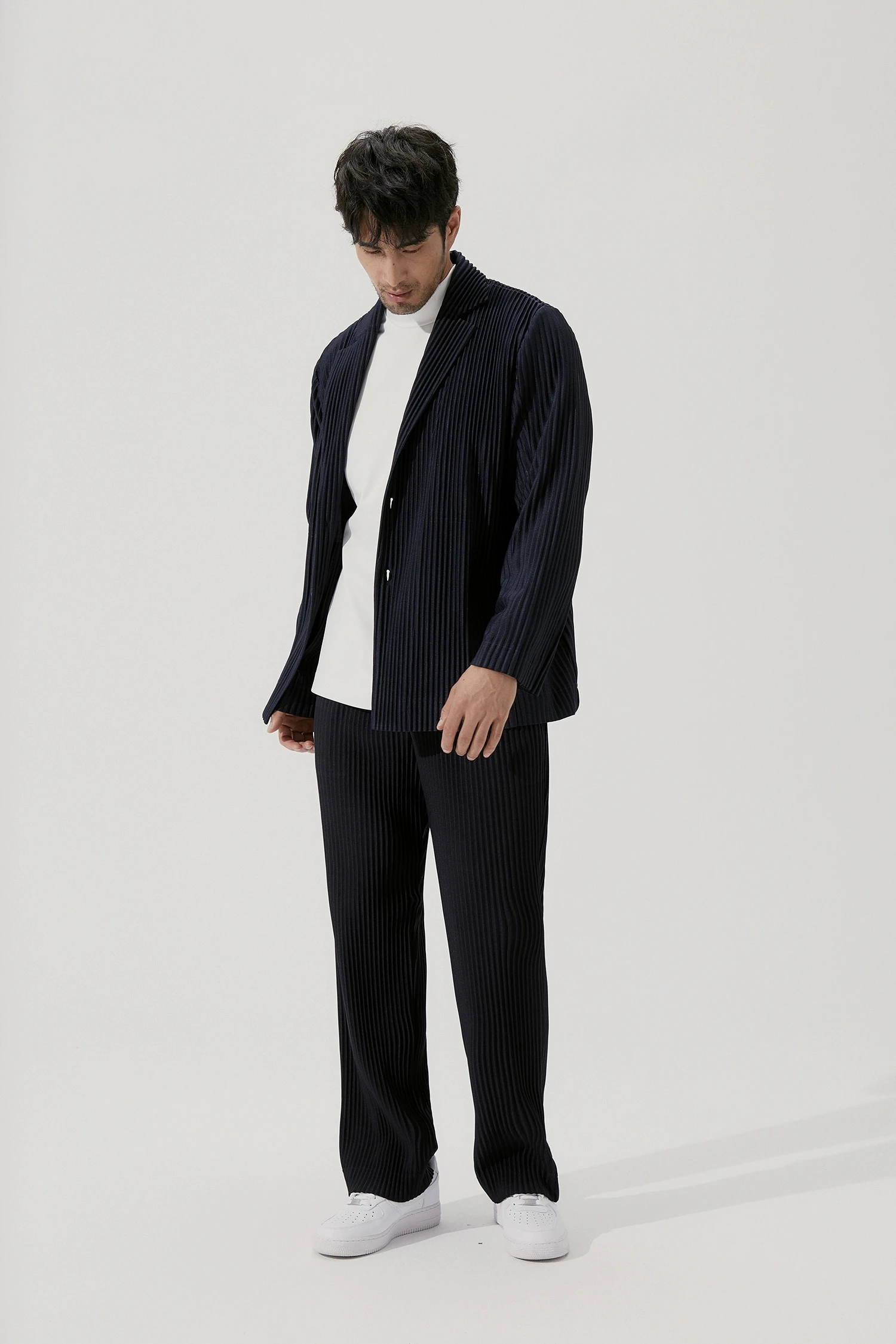 Miyake Pleated Men Blazer Black Slim Fit Stretch Suit Coat Casual Japanese Style Business Daily Wear