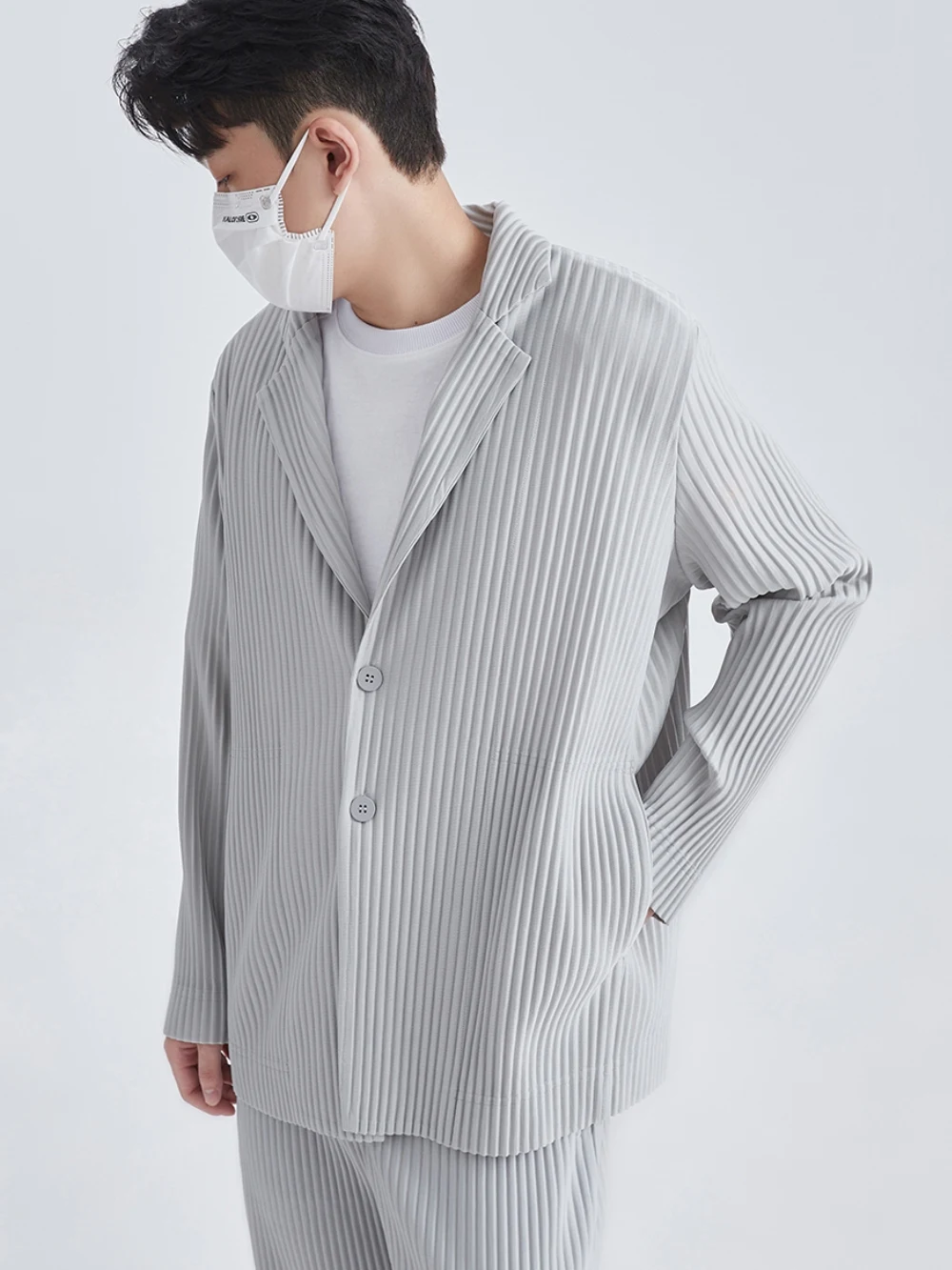 Miyake Pleated Men Blazer Black Slim Fit Stretch Suit Coat Casual Japanese Style Business Daily Wear