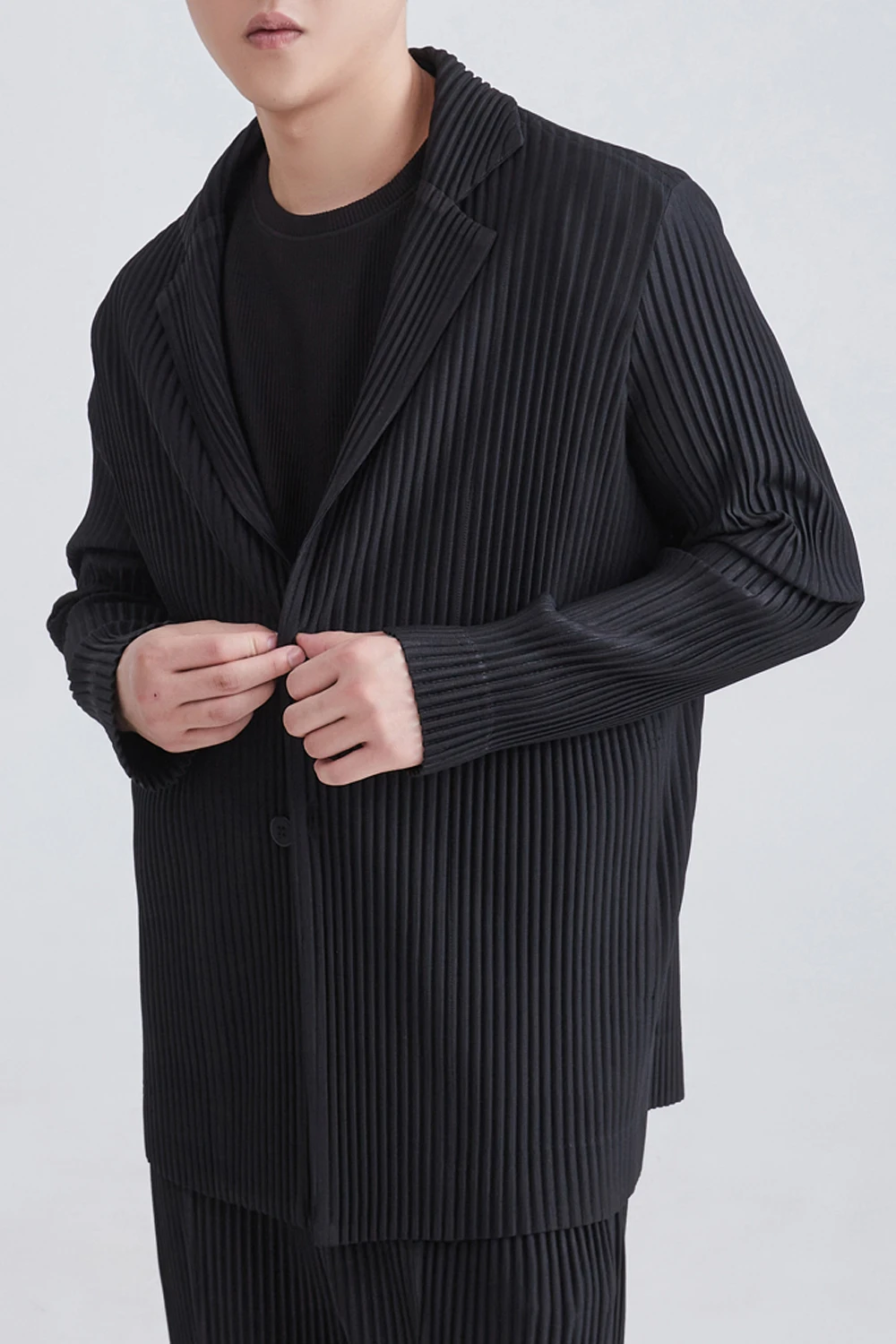 Miyake Pleated Men Blazer Black Slim Fit Stretch Suit Coat Casual Japanese Style Business Daily Wear