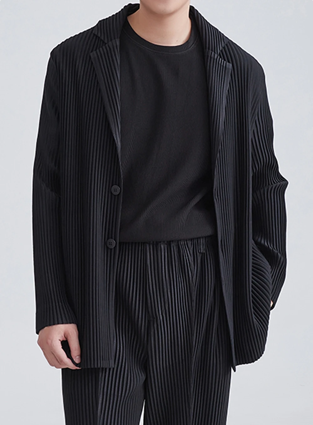 Miyake Pleated Men Blazer Black Slim Fit Stretch Suit Coat Casual Japanese Style Business Daily Wear
