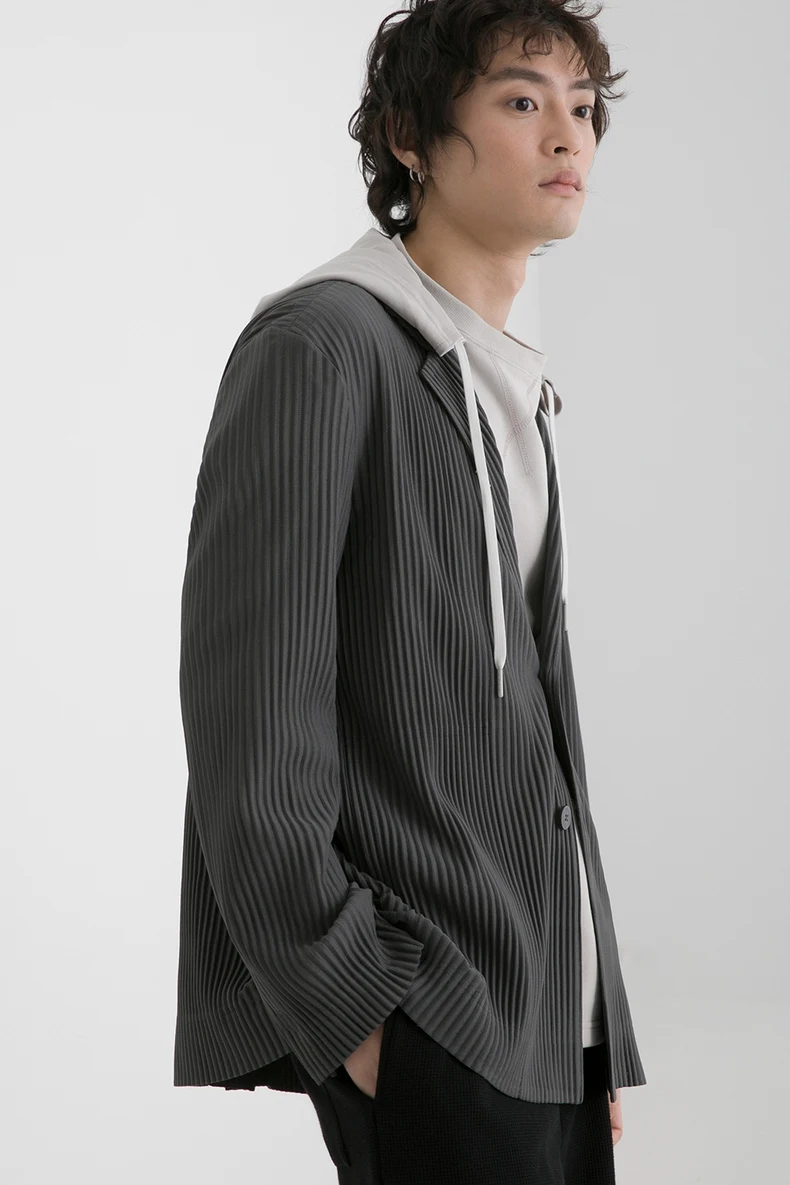 Miyake Pleated Men Blazer Black Slim Fit Stretch Suit Coat Casual Japanese Style Business Daily Wear