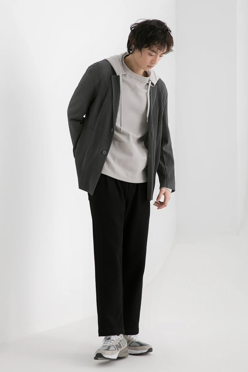 Miyake Pleated Men Blazer Black Slim Fit Stretch Suit Coat Casual Japanese Style Business Daily Wear