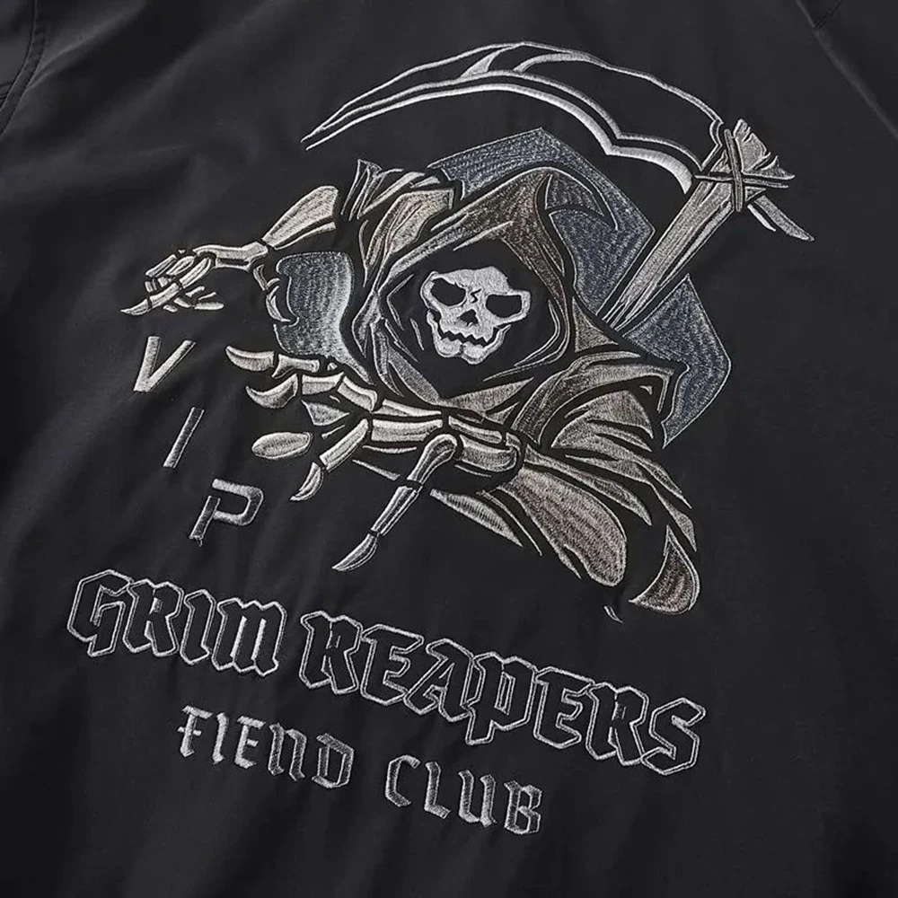 Mens Spring Fall American Street Workwear Jackets 2024 New Zipper Pocket Solid Color Skull Death Embroidery Fashion Trend Jacket