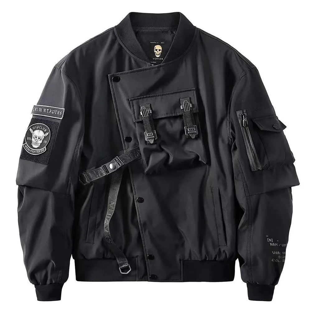 Mens Spring Fall American Street Workwear Jackets 2024 New Zipper Pocket Solid Color Skull Death Embroidery Fashion Trend Jacket