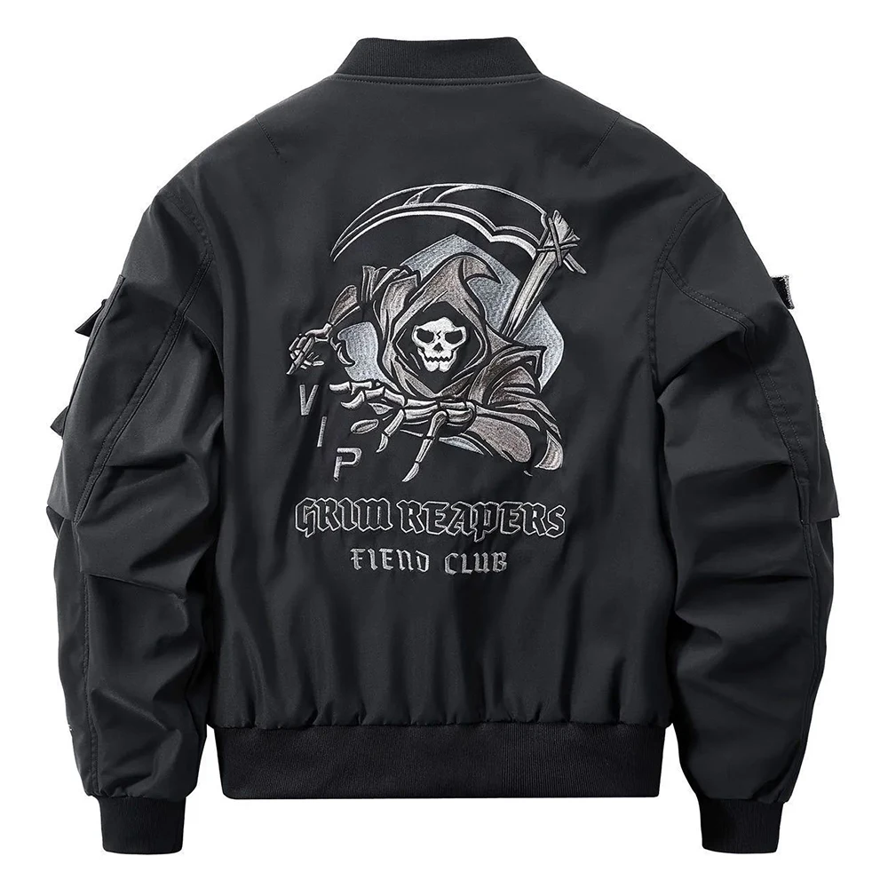 Mens Spring Fall American Street Workwear Jackets 2024 New Zipper Pocket Solid Color Skull Death Embroidery Fashion Trend Jacket