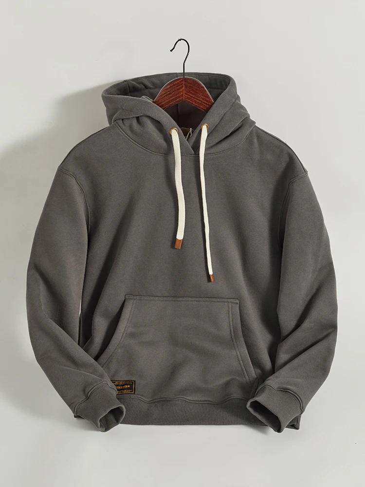 Autumn Winter American Retro Hooded Kangaroo Pocket Sweatershirts Men's Fashion Loose Casual Heavyweight Velvet Pullover Hoodies