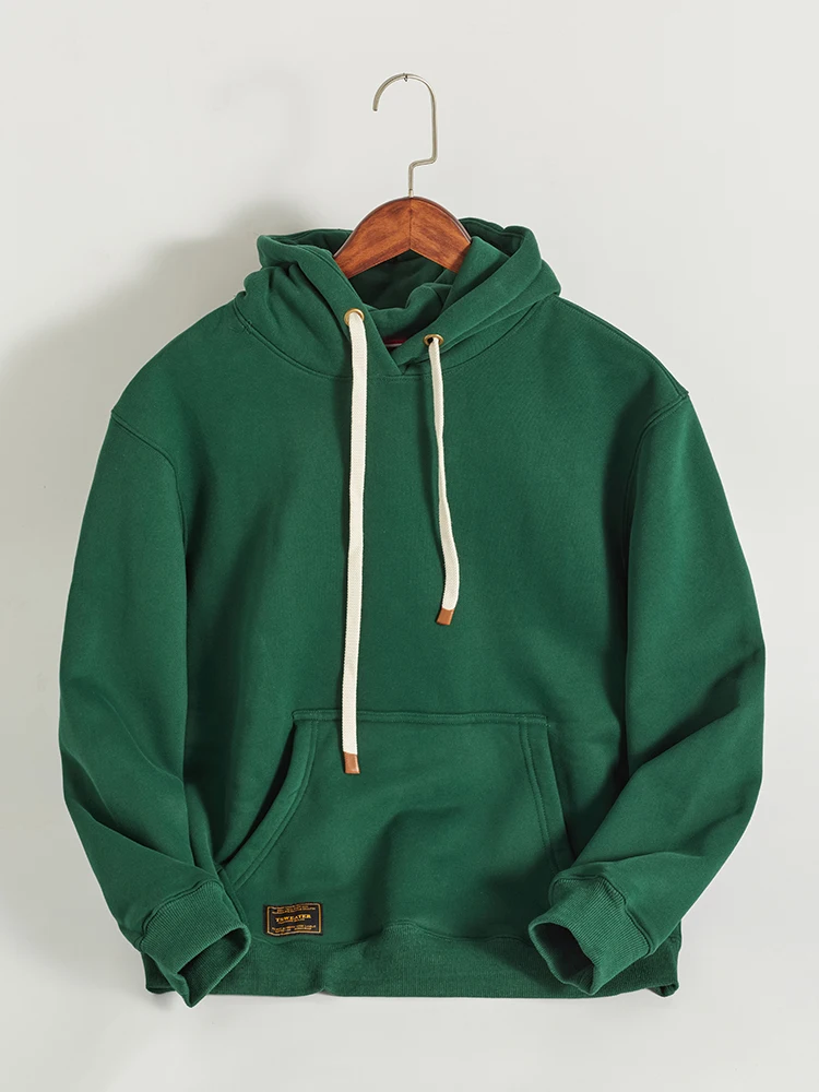 Autumn Winter American Retro Hooded Kangaroo Pocket Sweatershirts Men's Fashion Loose Casual Heavyweight Velvet Pullover Hoodies