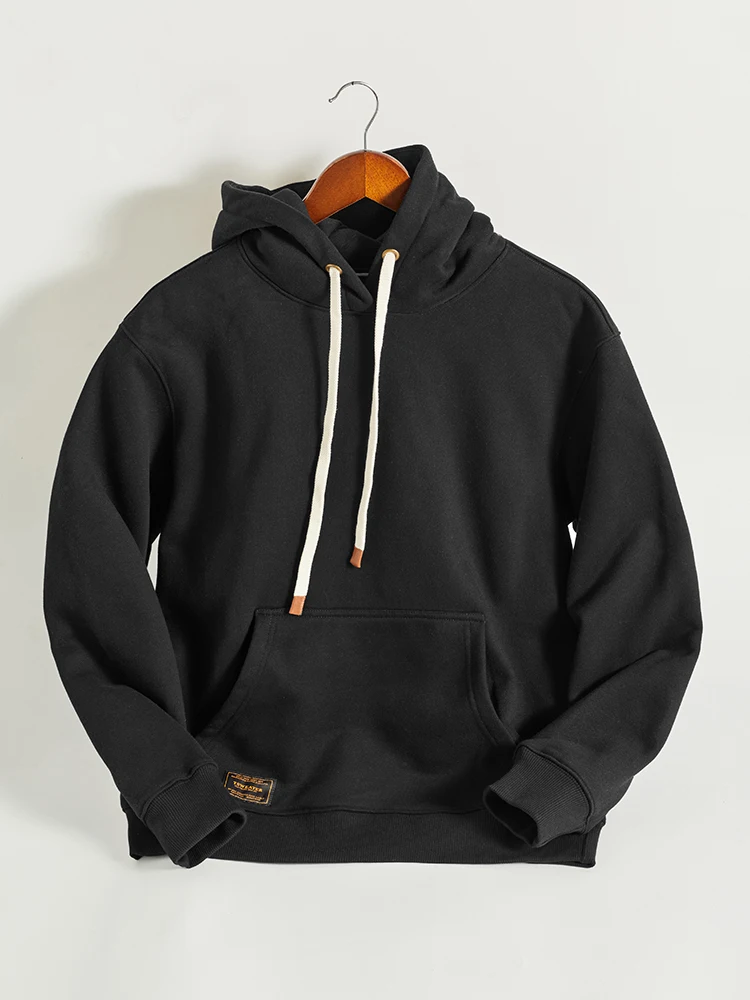Autumn Winter American Retro Hooded Kangaroo Pocket Sweatershirts Men's Fashion Loose Casual Heavyweight Velvet Pullover Hoodies