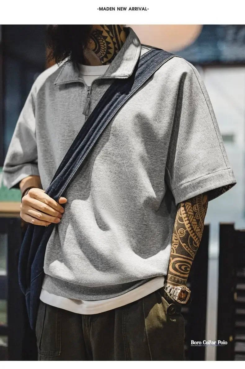 Maden Vintage Half-Zip Boro Style Short Sleeve Polo Shirt Men's Summer Indigo Dyed Printed Loose Collar T-Shirt Casual Gray Tops