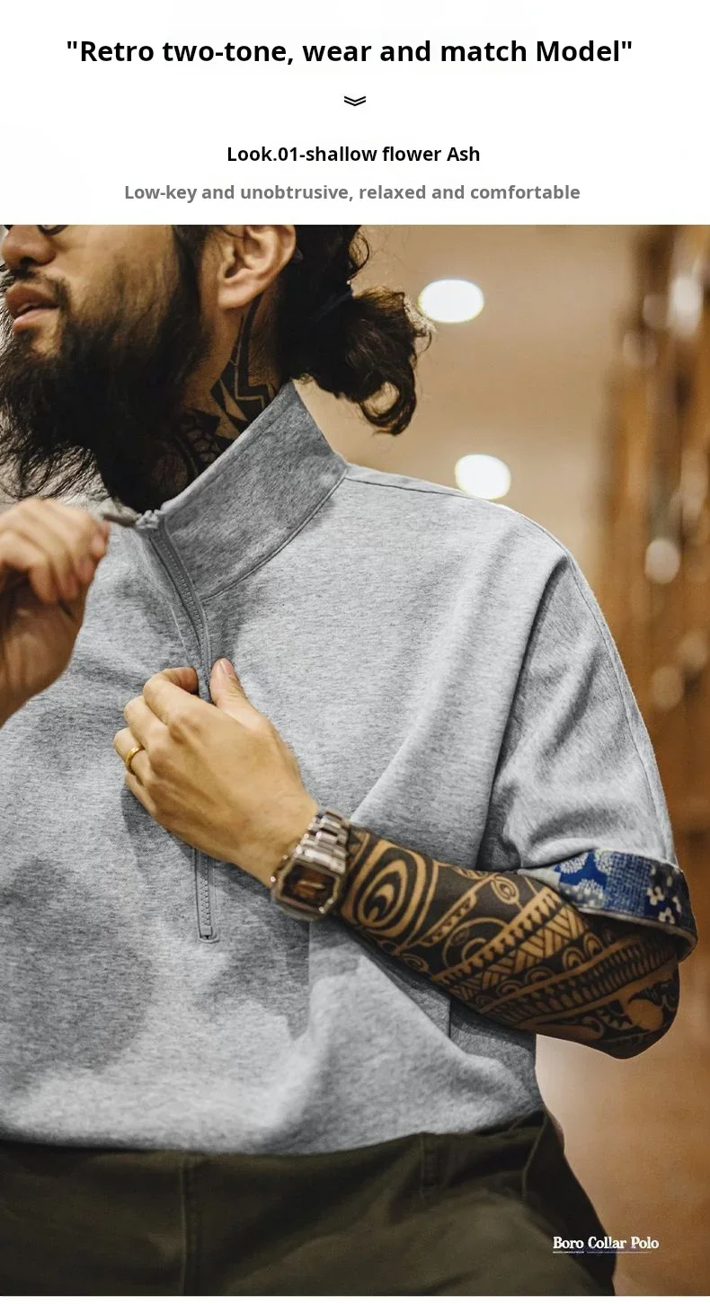Maden Vintage Half-Zip Boro Style Short Sleeve Polo Shirt Men's Summer Indigo Dyed Printed Loose Collar T-Shirt Casual Gray Tops