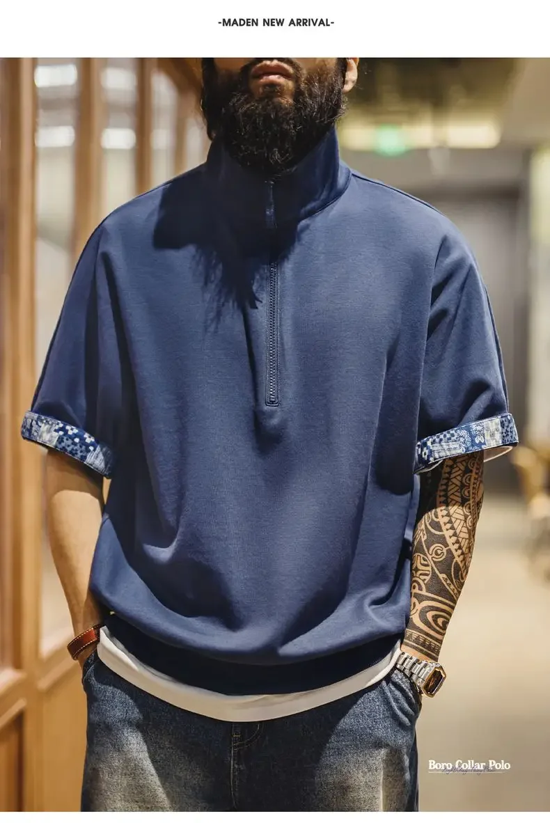 Maden Vintage Half-Zip Boro Style Short Sleeve Polo Shirt Men's Summer Indigo Dyed Printed Loose Collar T-Shirt Casual Gray Tops