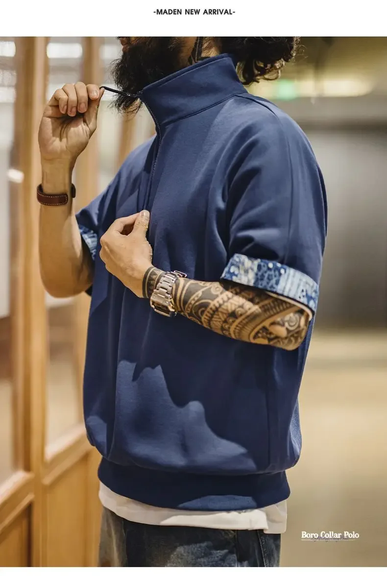 Maden Vintage Half-Zip Boro Style Short Sleeve Polo Shirt Men's Summer Indigo Dyed Printed Loose Collar T-Shirt Casual Gray Tops
