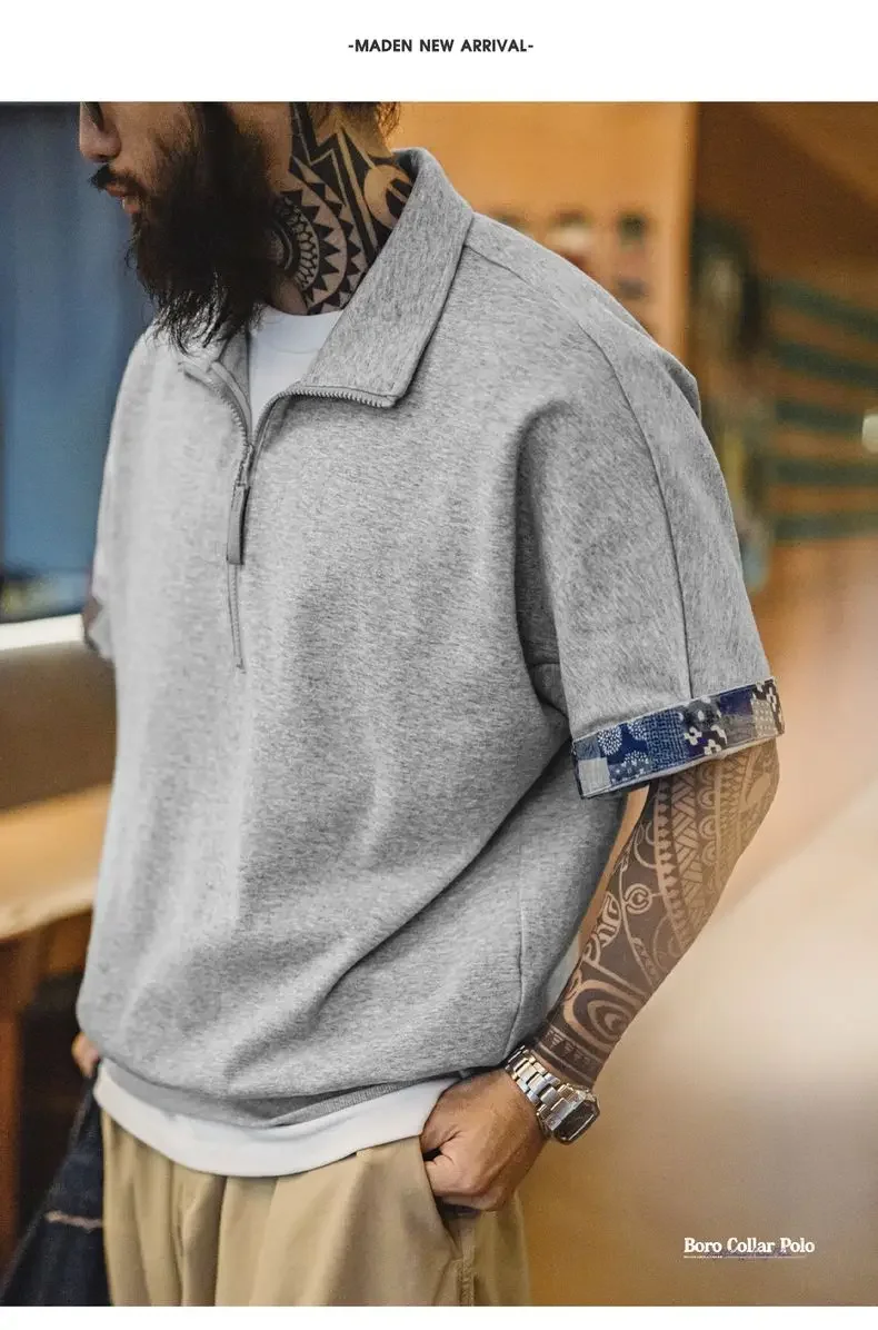 Maden Vintage Half-Zip Boro Style Short Sleeve Polo Shirt Men's Summer Indigo Dyed Printed Loose Collar T-Shirt Casual Gray Tops