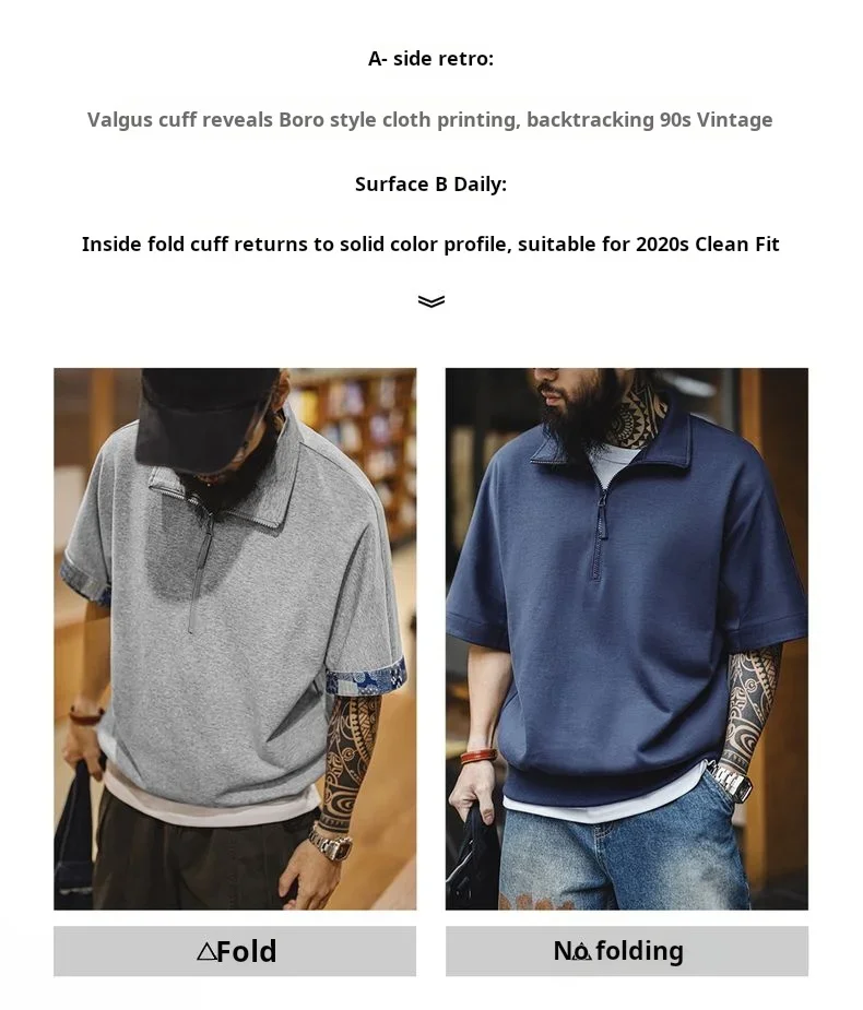 Maden Vintage Half-Zip Boro Style Short Sleeve Polo Shirt Men's Summer Indigo Dyed Printed Loose Collar T-Shirt Casual Gray Tops