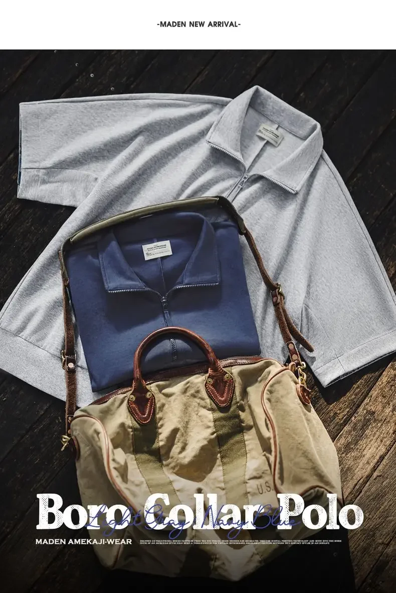 Maden Vintage Half-Zip Boro Style Short Sleeve Polo Shirt Men's Summer Indigo Dyed Printed Loose Collar T-Shirt Casual Gray Tops