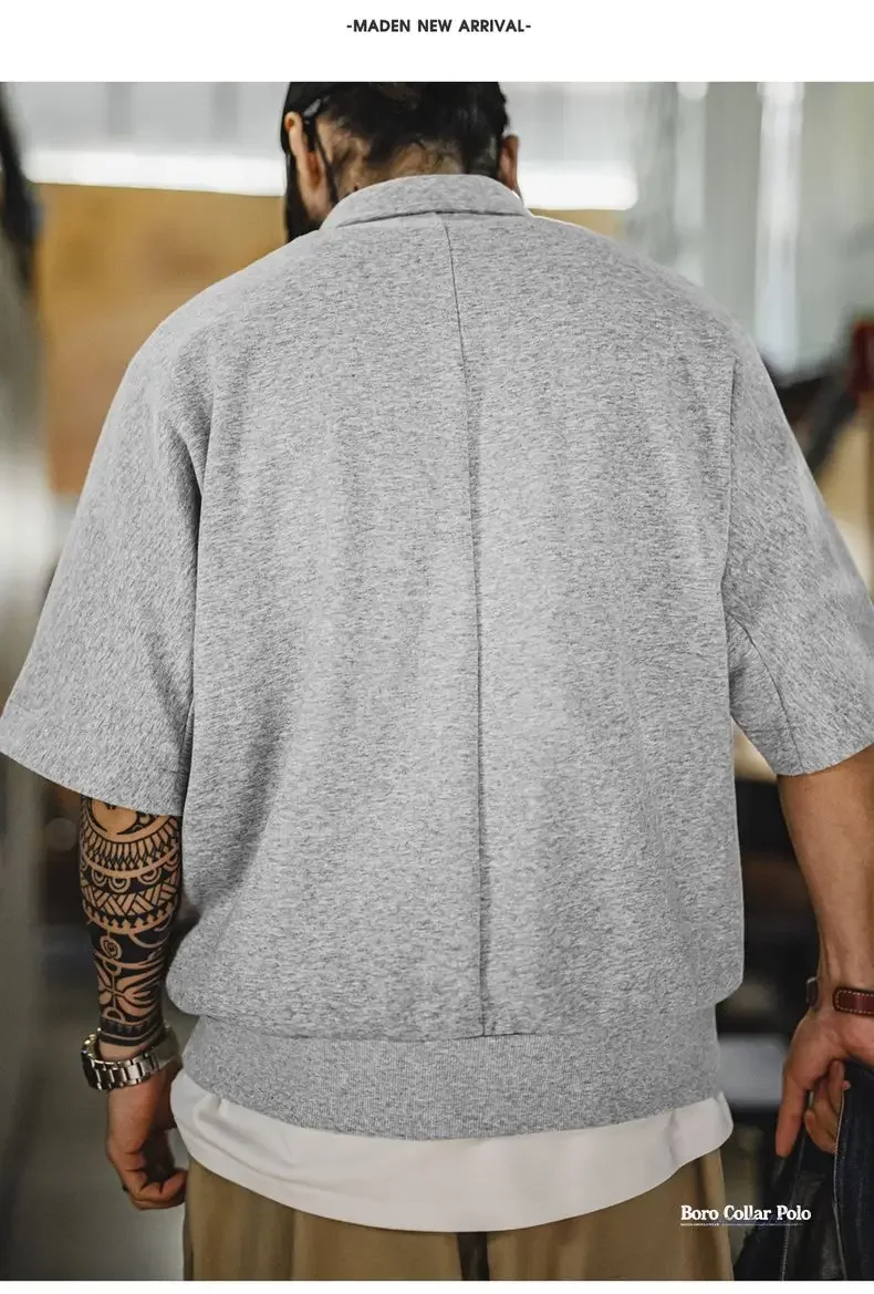 Maden Vintage Half-Zip Boro Style Short Sleeve Polo Shirt Men's Summer Indigo Dyed Printed Loose Collar T-Shirt Casual Gray Tops
