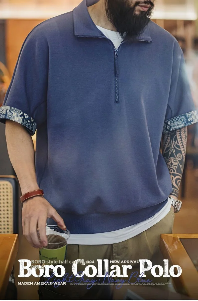 Maden Vintage Half-Zip Boro Style Short Sleeve Polo Shirt Men's Summer Indigo Dyed Printed Loose Collar T-Shirt Casual Gray Tops