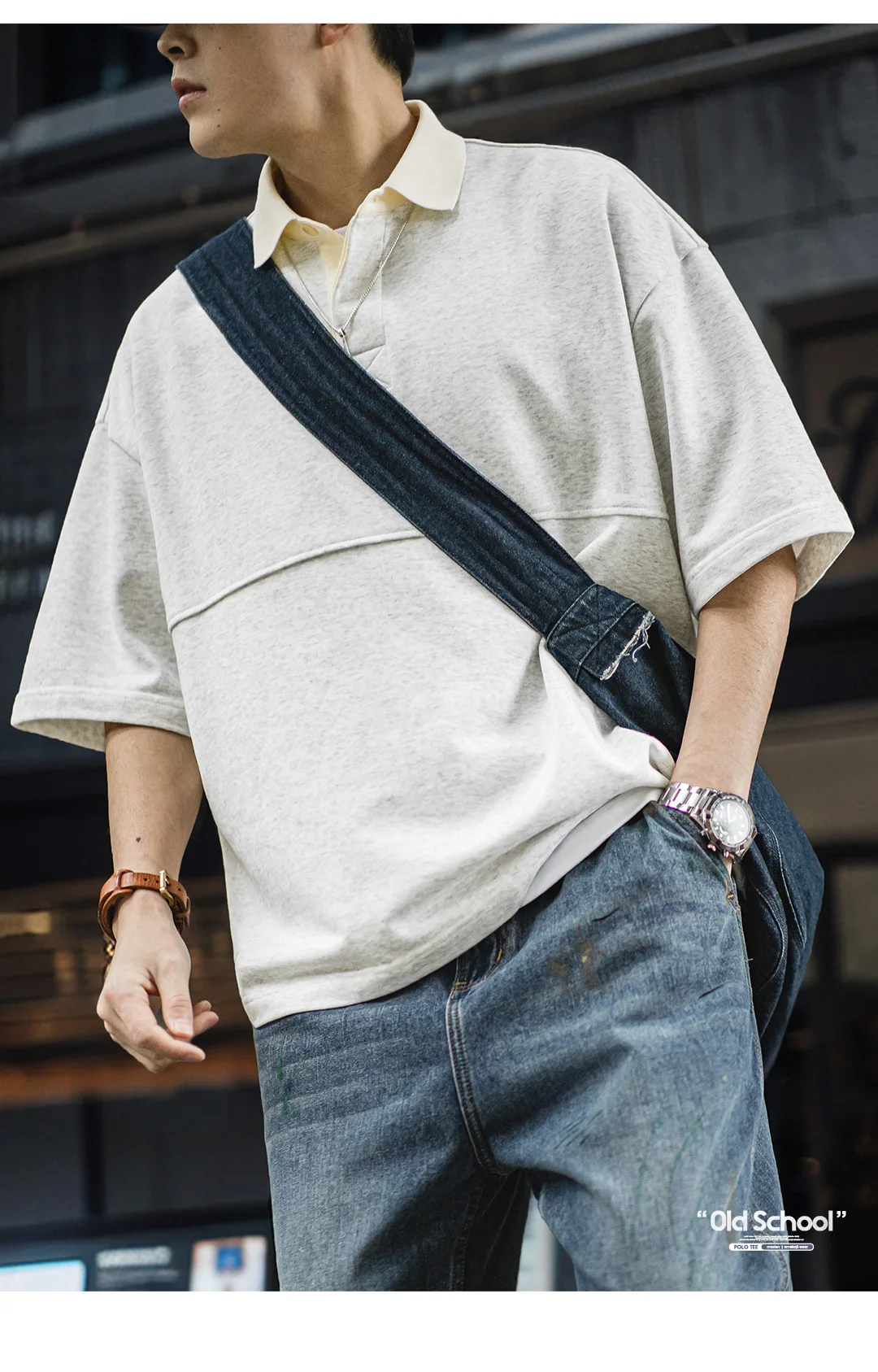 Maden Men's Knitted Short-sleeved T-shirt Heather Gray Color Polo Shirt Patchwork Pure Cotton Collar Summer Loose Fit Tee Tops