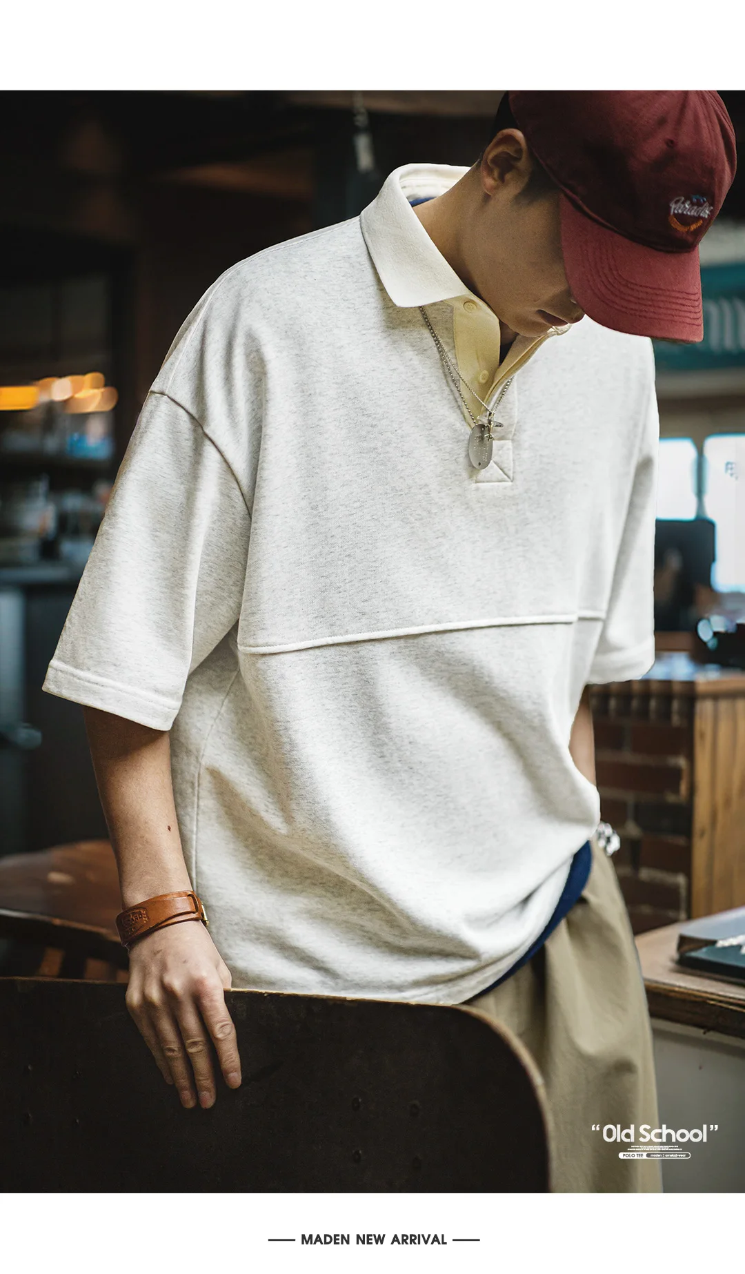 Maden Men's Knitted Short-sleeved T-shirt Heather Gray Color Polo Shirt Patchwork Pure Cotton Collar Summer Loose Fit Tee Tops