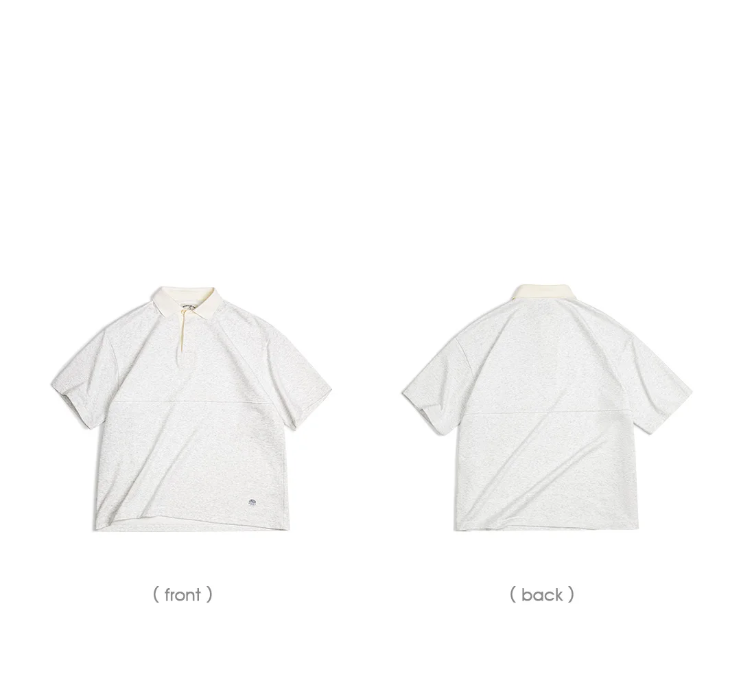 Maden Men's Knitted Short-sleeved T-shirt Heather Gray Color Polo Shirt Patchwork Pure Cotton Collar Summer Loose Fit Tee Tops