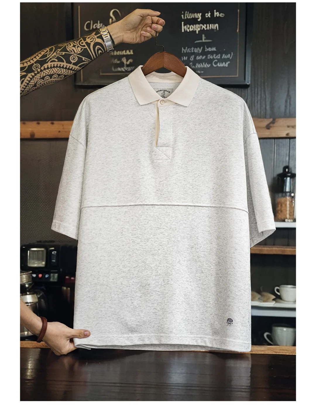 Maden Men's Knitted Short-sleeved T-shirt Heather Gray Color Polo Shirt Patchwork Pure Cotton Collar Summer Loose Fit Tee Tops