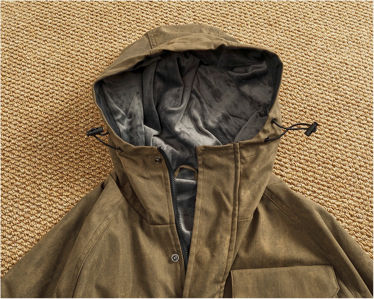 Winter velvet lining pocket work jacket men's hooded contrasting color stitching trendy functional cotton top