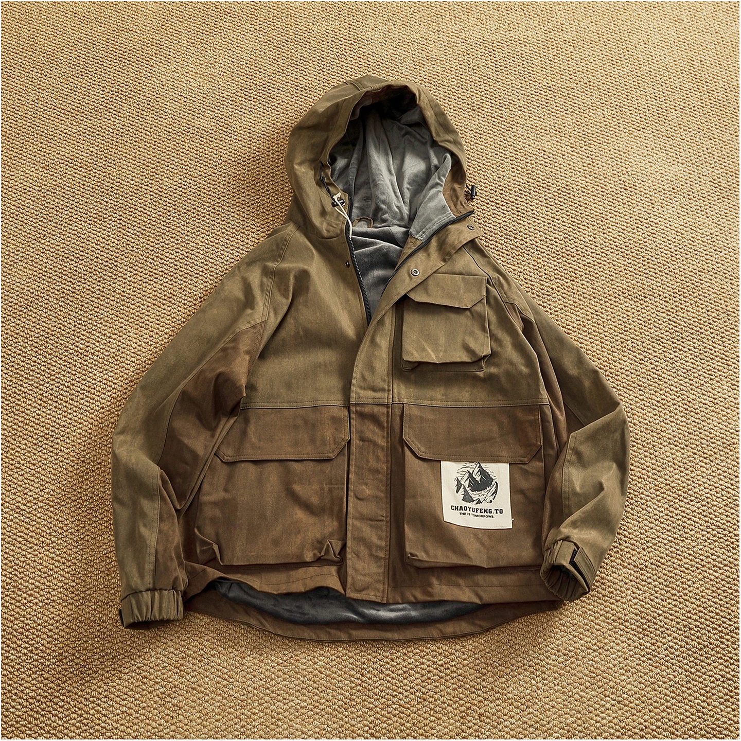 Winter velvet lining pocket work jacket men's hooded contrasting color stitching trendy functional cotton top