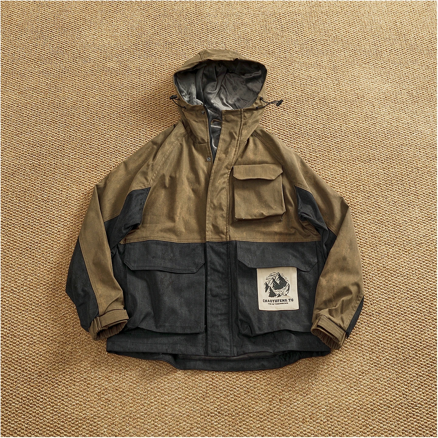 Winter velvet lining pocket work jacket men's hooded contrasting color stitching trendy functional cotton top