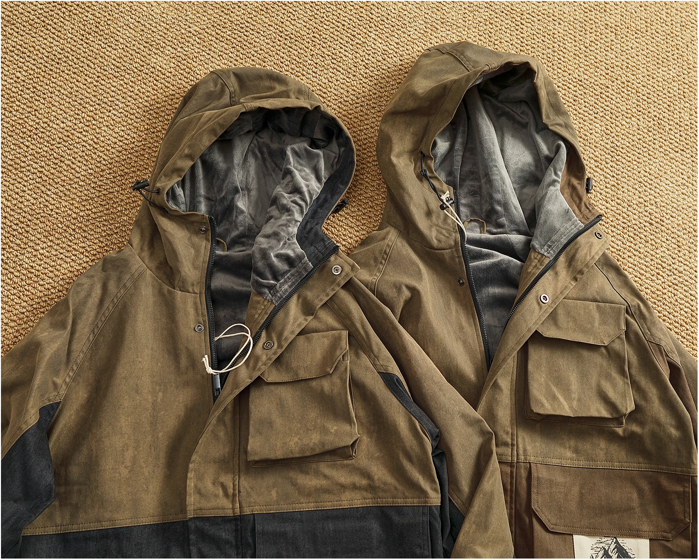 Winter velvet lining pocket work jacket men's hooded contrasting color stitching trendy functional cotton top