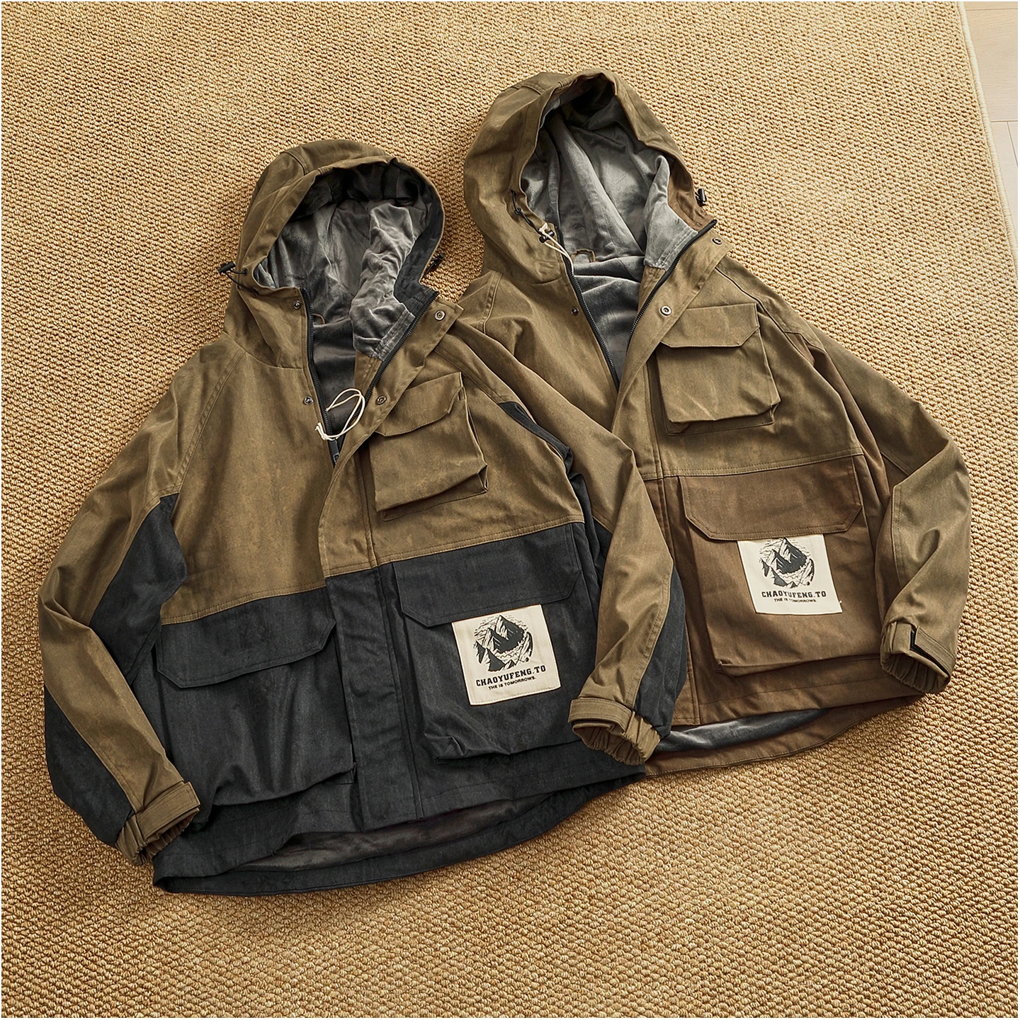 Winter velvet lining pocket work jacket men's hooded contrasting color stitching trendy functional cotton top