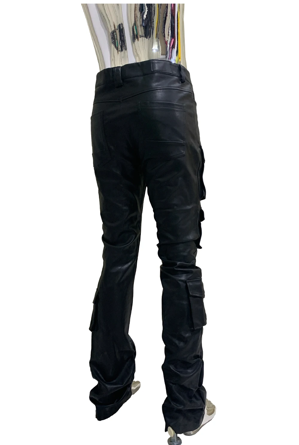 Spring Fitted Stretchy Soft Purple Stacked Pu Leather Cargo Pants Men Many Three-dimensional Pockets European Fashion Clothes