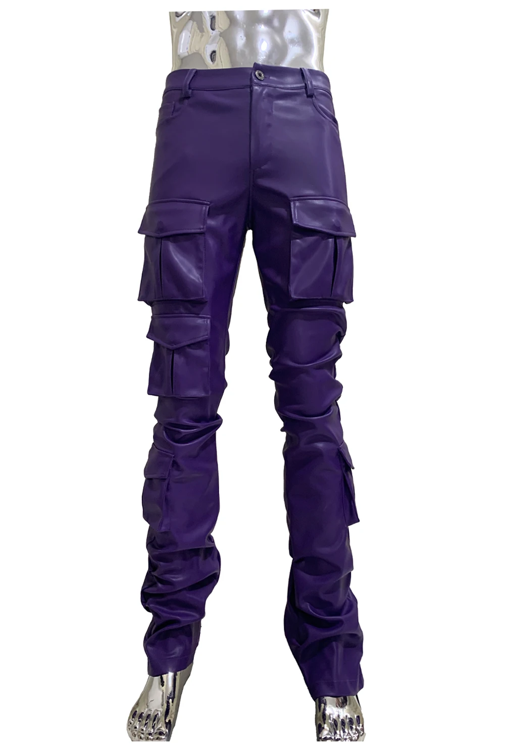 Spring Fitted Stretchy Soft Purple Stacked Pu Leather Cargo Pants Men Many Three-dimensional Pockets European Fashion Clothes