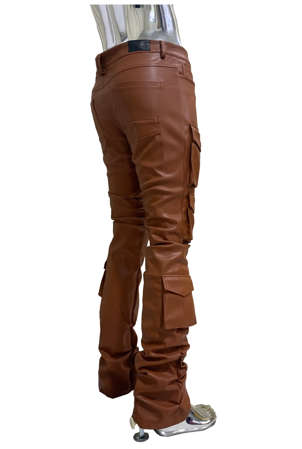 Spring Fitted Stretchy Soft Purple Stacked Pu Leather Cargo Pants Men Many Three-dimensional Pockets European Fashion Clothes