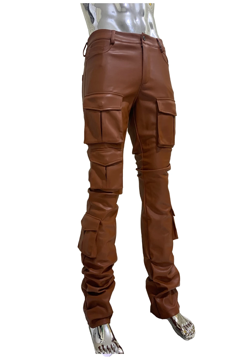 Spring Fitted Stretchy Soft Purple Stacked Pu Leather Cargo Pants Men Many Three-dimensional Pockets European Fashion Clothes