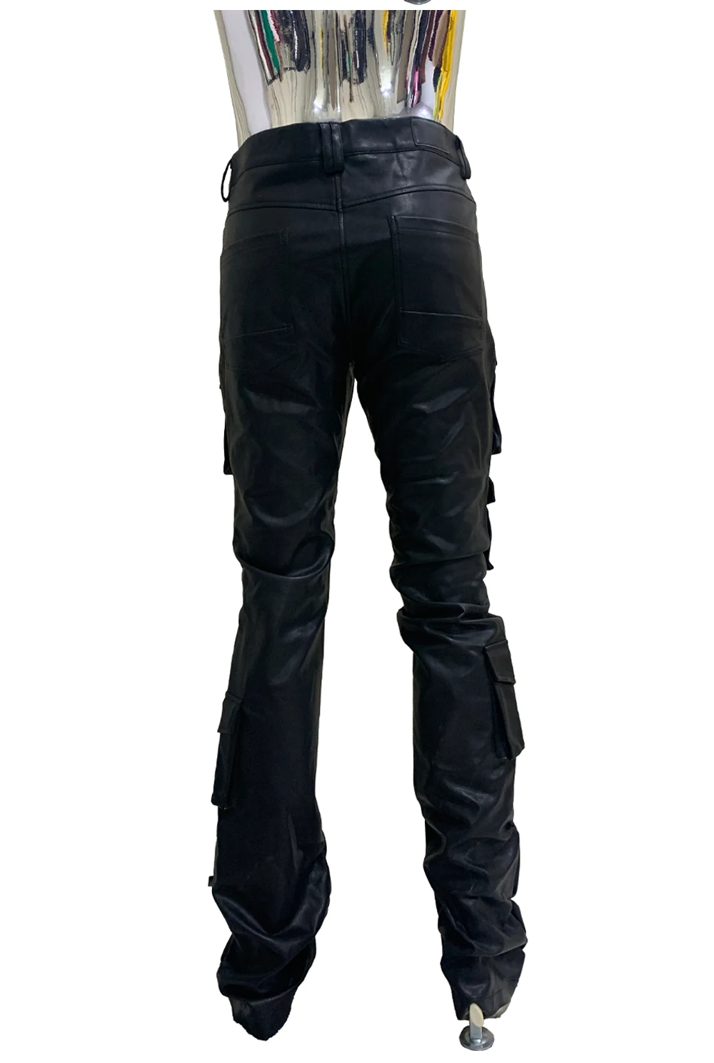 Spring Fitted Stretchy Soft Purple Stacked Pu Leather Cargo Pants Men Many Three-dimensional Pockets European Fashion Clothes