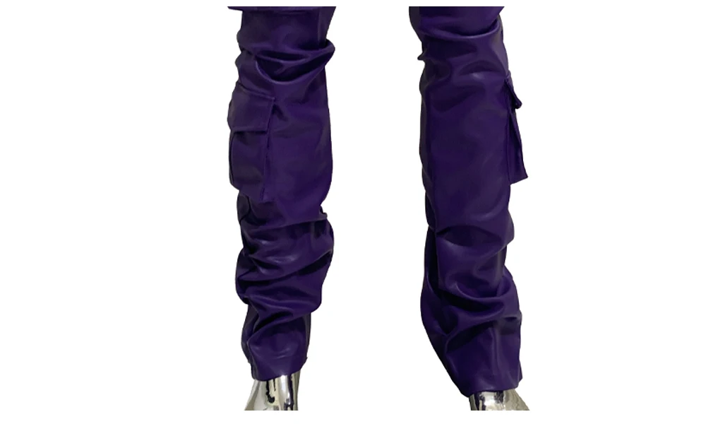 Spring Fitted Stretchy Soft Purple Stacked Pu Leather Cargo Pants Men Many Three-dimensional Pockets European Fashion Clothes