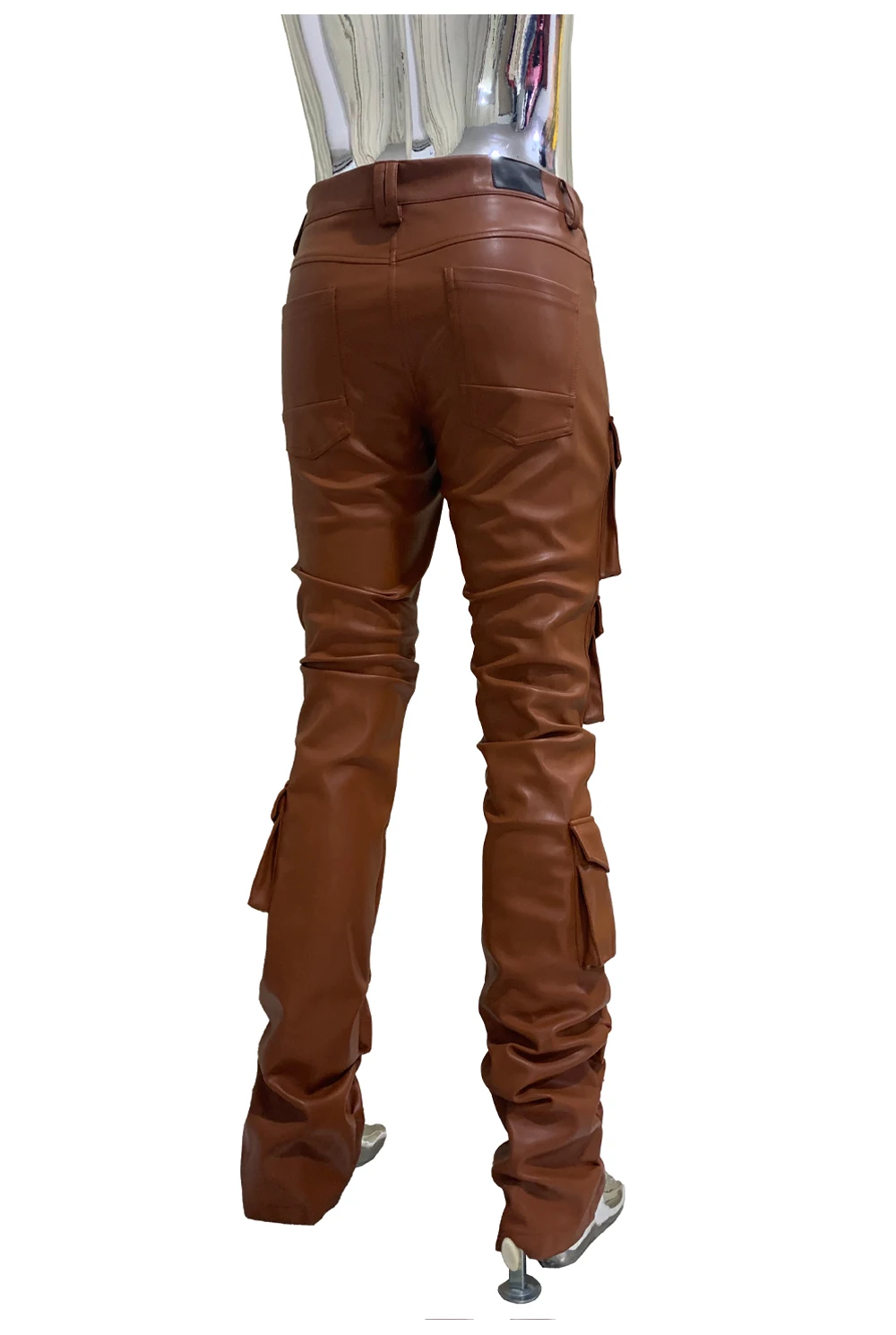 Spring Fitted Stretchy Soft Purple Stacked Pu Leather Cargo Pants Men Many Three-dimensional Pockets European Fashion Clothes