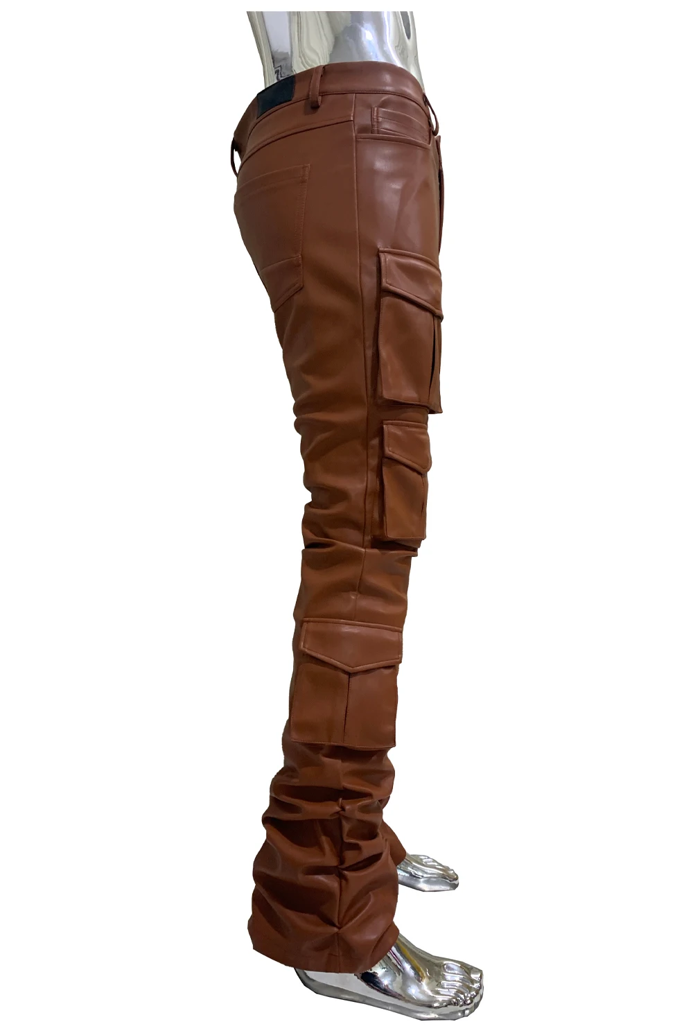 Spring Fitted Stretchy Soft Purple Stacked Pu Leather Cargo Pants Men Many Three-dimensional Pockets European Fashion Clothes