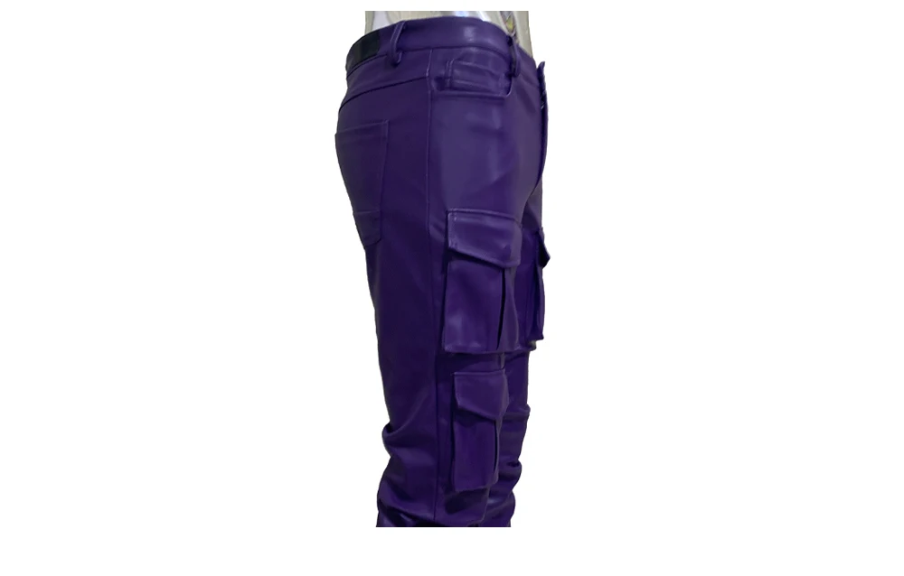 Spring Fitted Stretchy Soft Purple Stacked Pu Leather Cargo Pants Men Many Three-dimensional Pockets European Fashion Clothes