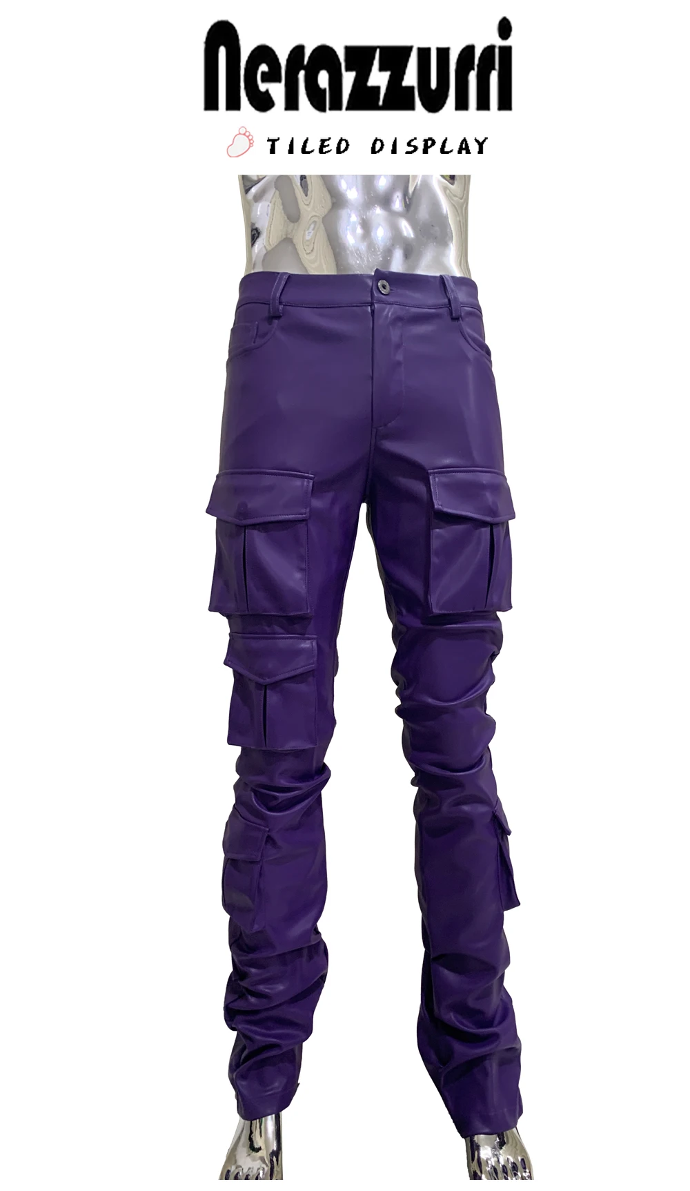 Spring Fitted Stretchy Soft Purple Stacked Pu Leather Cargo Pants Men Many Three-dimensional Pockets European Fashion Clothes