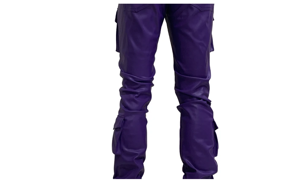 Spring Fitted Stretchy Soft Purple Stacked Pu Leather Cargo Pants Men Many Three-dimensional Pockets European Fashion Clothes