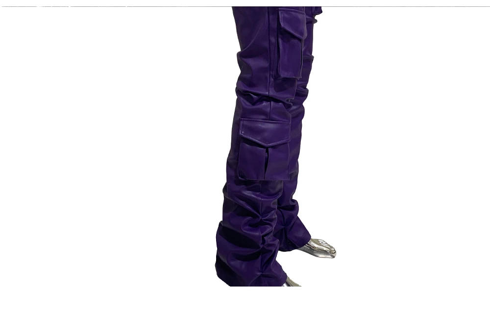 Spring Fitted Stretchy Soft Purple Stacked Pu Leather Cargo Pants Men Many Three-dimensional Pockets European Fashion Clothes